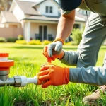 Refilling termite reticulation system refills by a professional technician in a suburban setting.