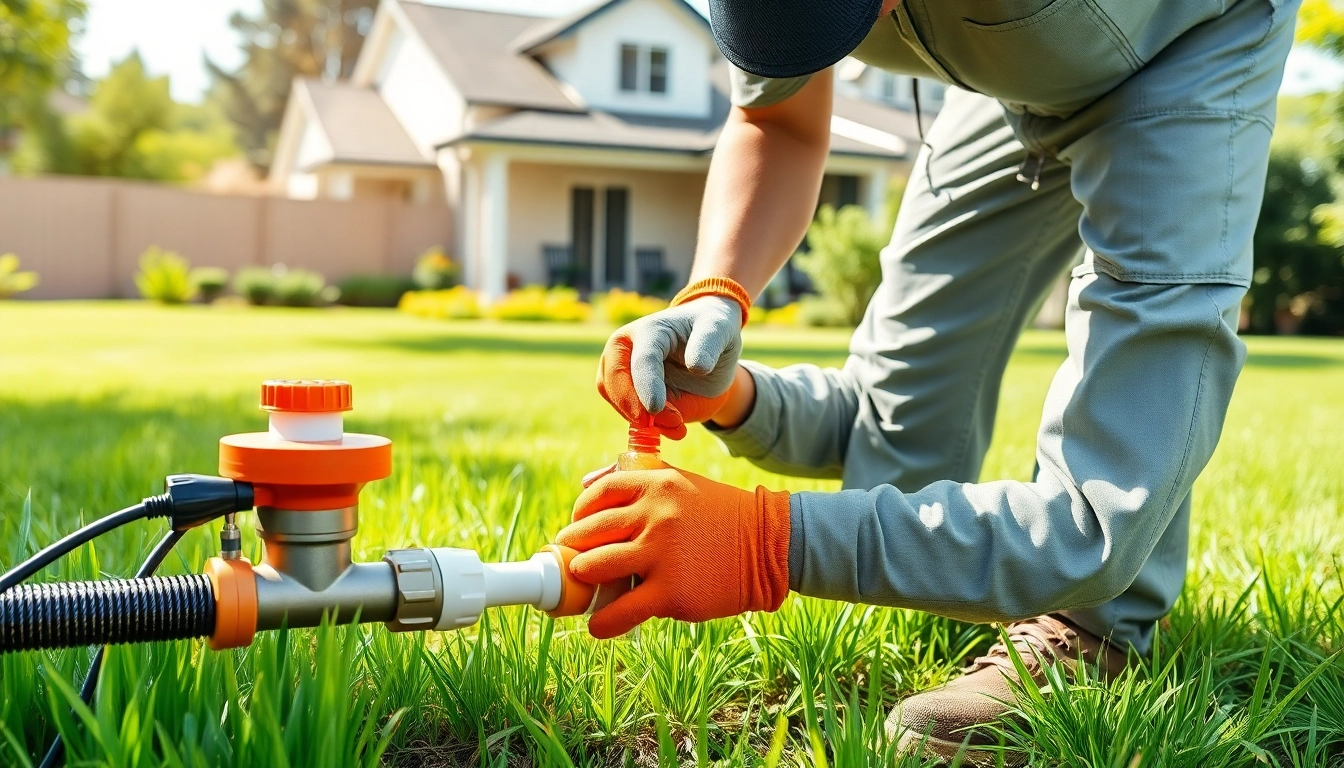 Refilling termite reticulation system refills by a professional technician in a suburban setting.