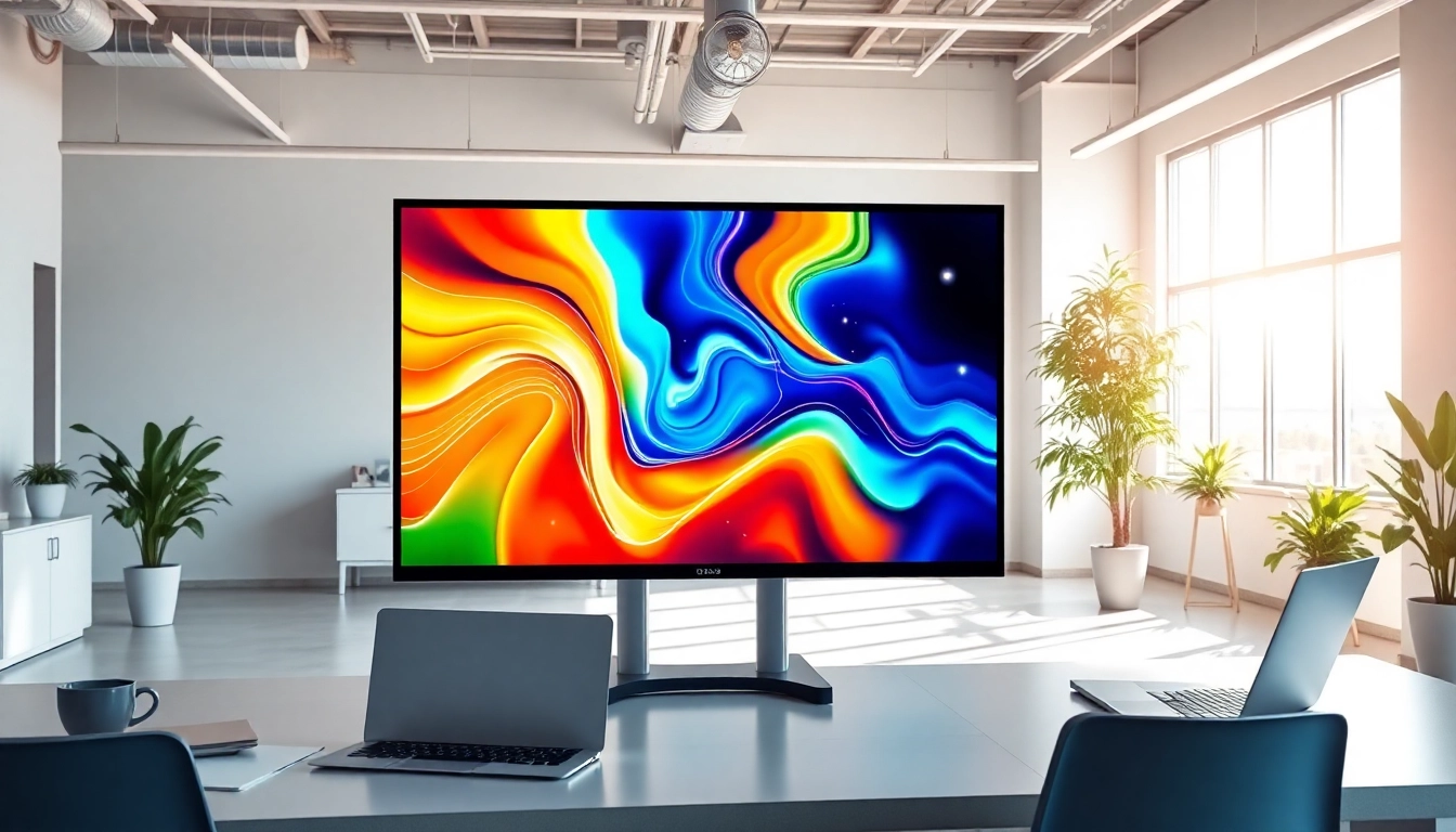 Showcasing a cloud-based digital signage solution in a modern, vibrant office environment.