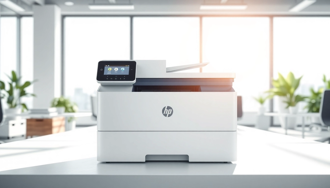 HP Printer featured in a modern office, highlighting its sleek design and user-friendly features.