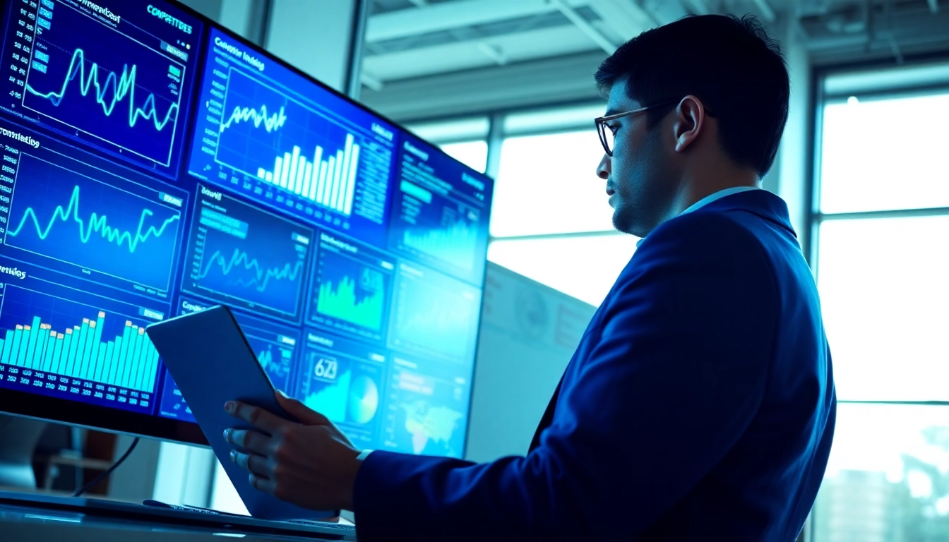Analyze AI for competitor analysis while exploring data insights in a modern office.