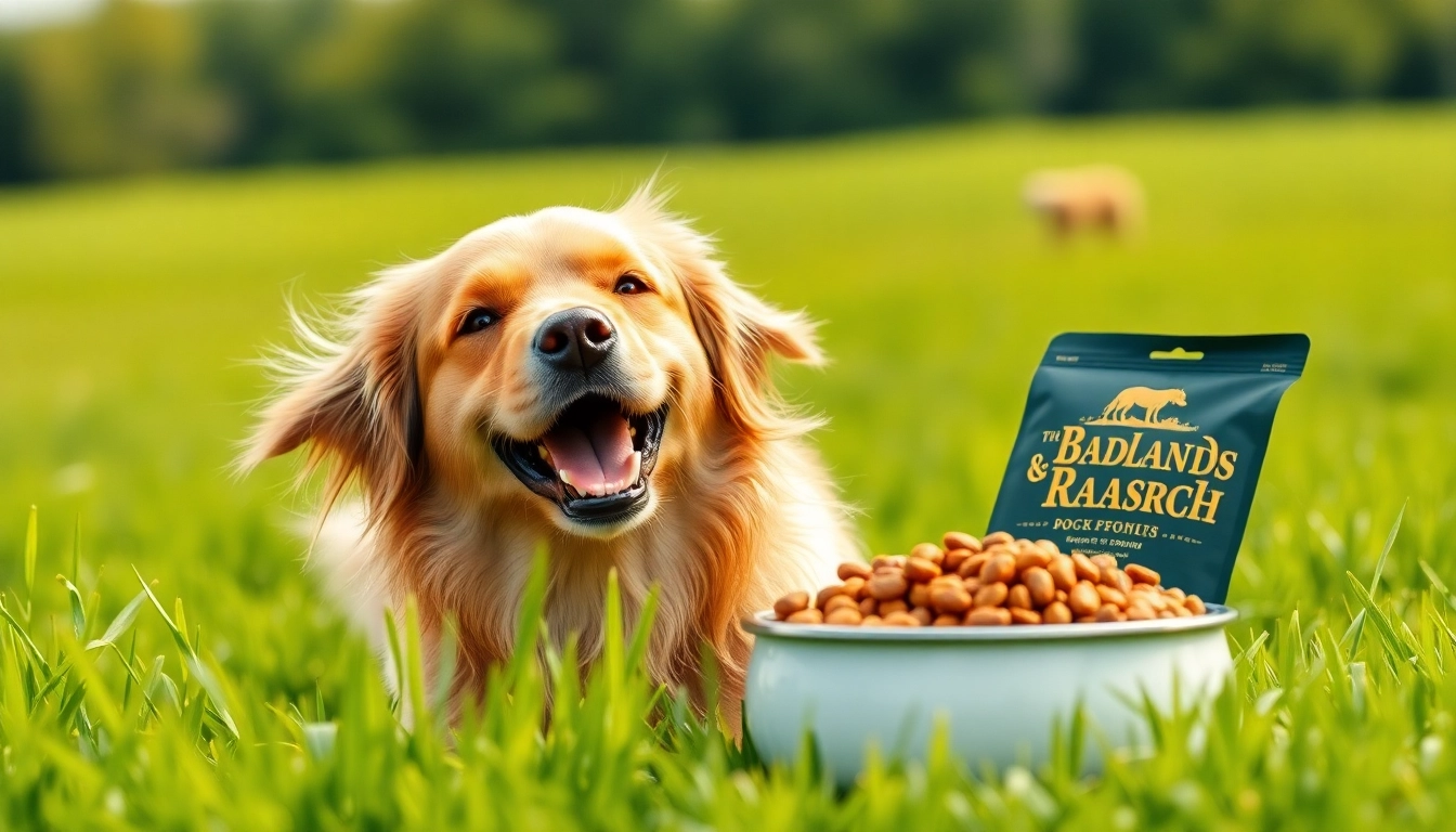 Enthusiastic dog enjoying badlands ranch dog food in a green field setting.