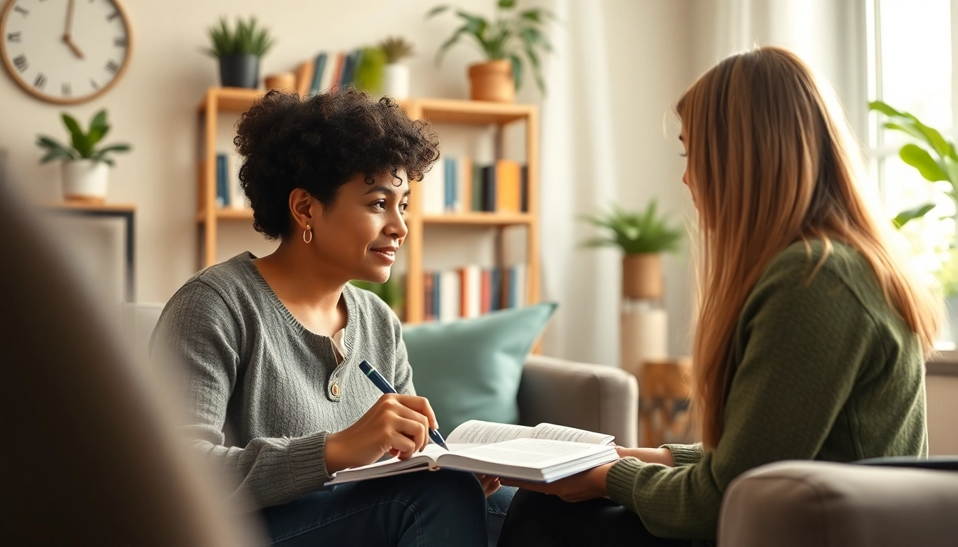 Attachment theory coach helping clients in a supportive environment, fostering trust and growth.