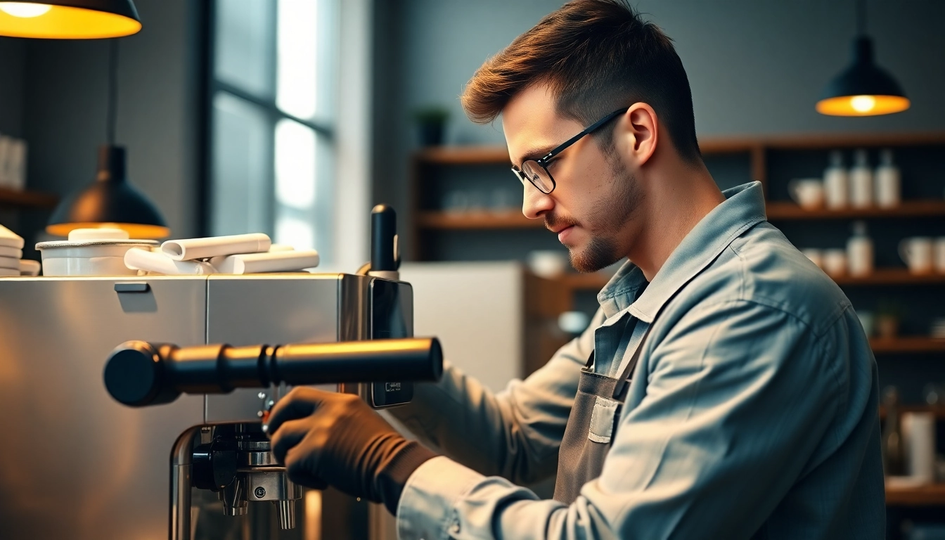 Expert technician providing Cimbali servisi while repairing an industrial espresso machine in a stylish cafe.