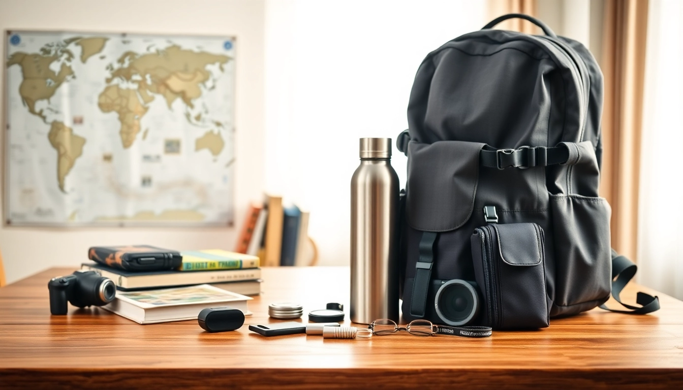 Showcasing travel gears including a stylish backpack and gadgets for efficient touring.