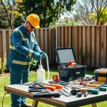 Refilling a termite reticulation system refills by a professional in a suburban backyard.
