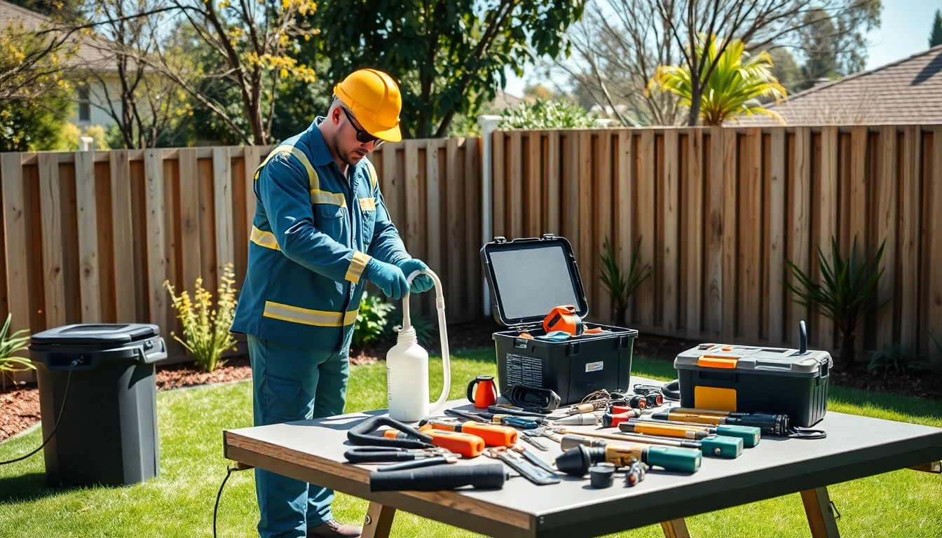 Refilling a termite reticulation system refills by a professional in a suburban backyard.