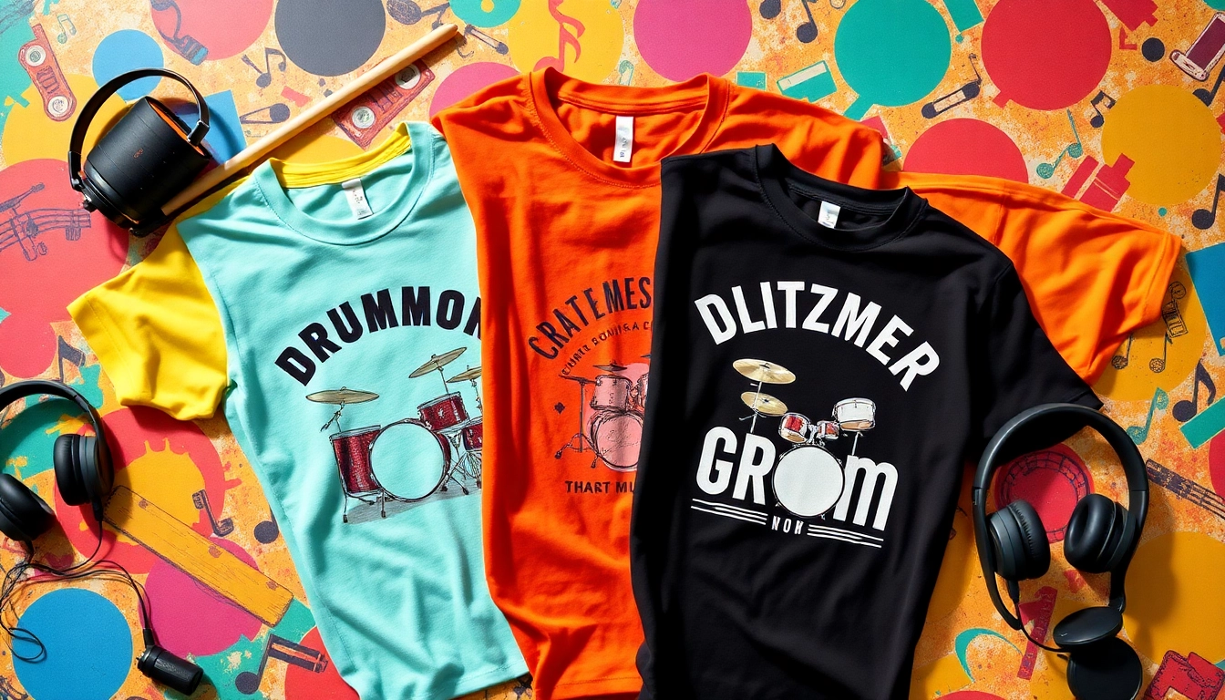 Showcasing unique drummer shirts with vibrant designs and fun accessories for music enthusiasts.