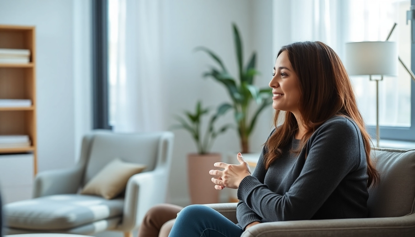 Attachment theory coach helping a client in a calming office, fostering emotional connections and healing.