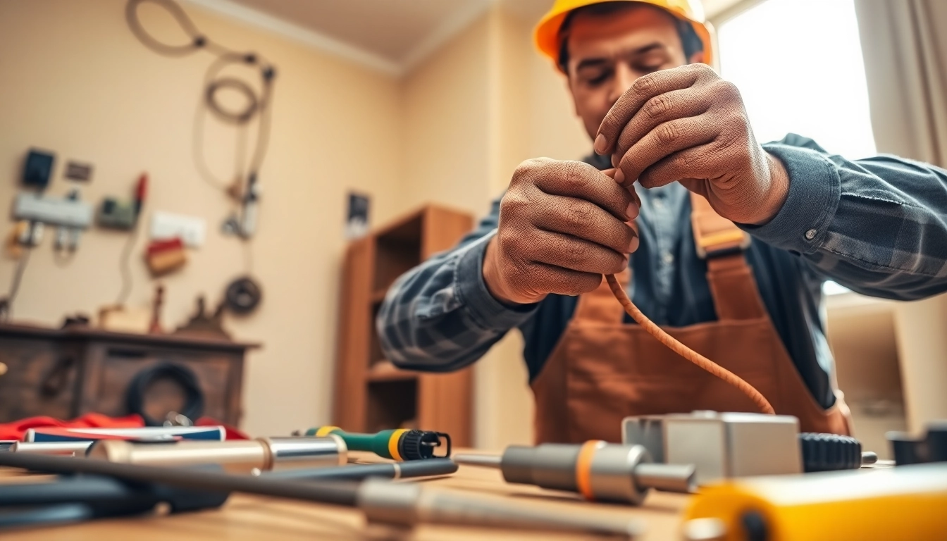 Electrician Clearwater working on wiring installation with professional tools and safety gear.