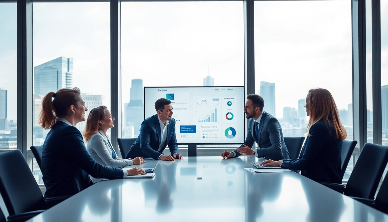 Analyze competitive intelligence strategies with a collaborative business team in a modern office.