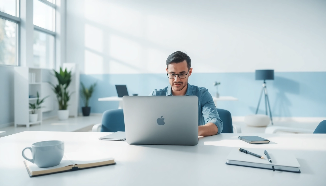 Improve email workflow with an organized workspace featuring a person on a laptop.