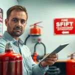 Conduct fire extinguisher checks with a technician inspecting a fire extinguisher in an office setting.