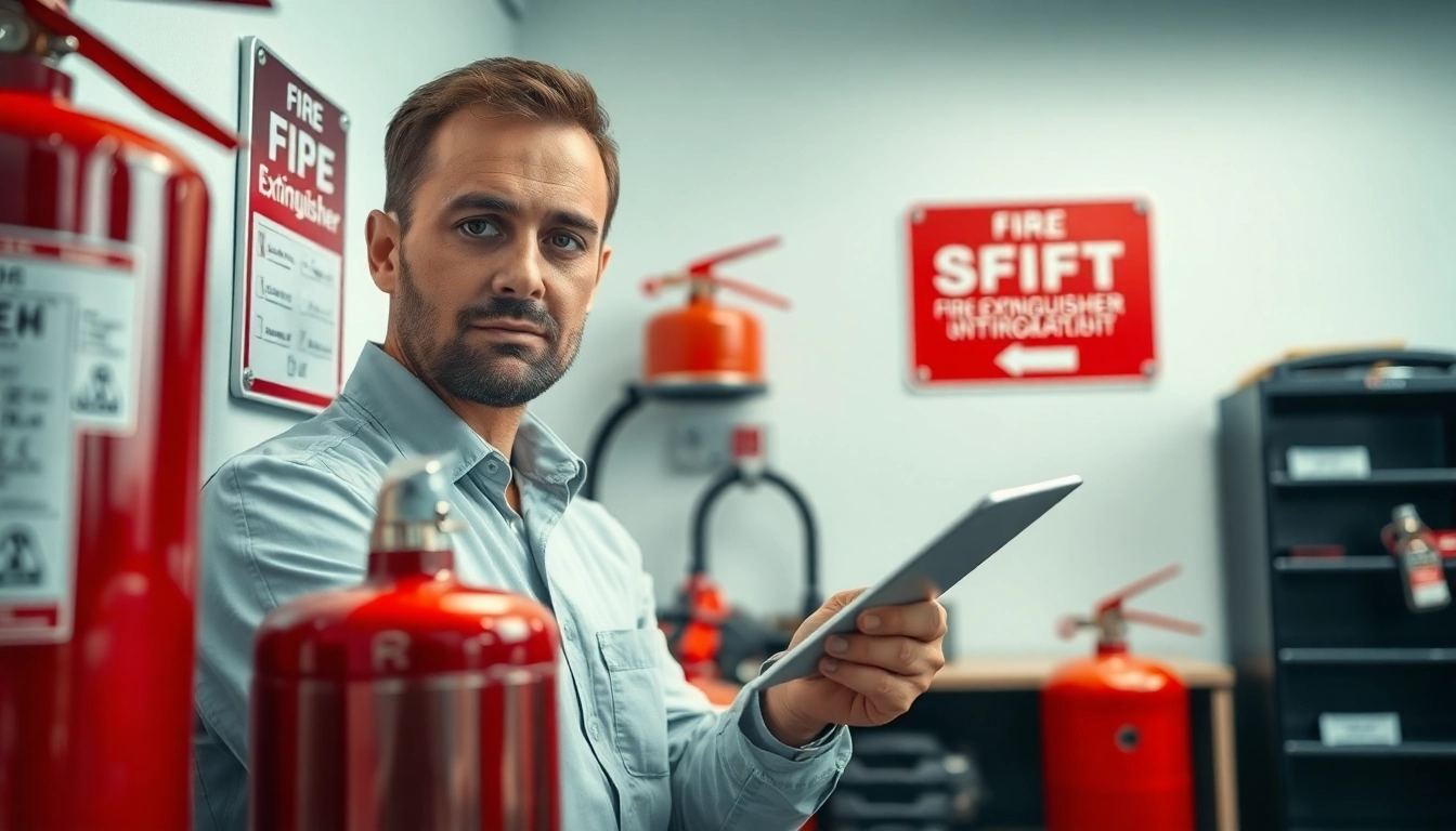 Conduct fire extinguisher checks with a technician inspecting a fire extinguisher in an office setting.