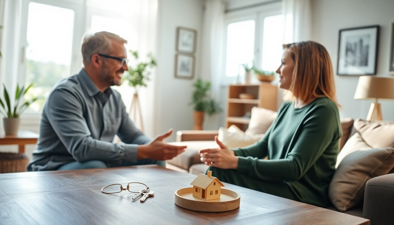 Engaging scene of direct home buyers discussing in a cozy living room with a homeowner.