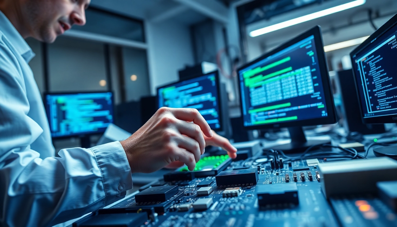 Engineer coding dma firmware in a high-tech lab with intricate electronics.