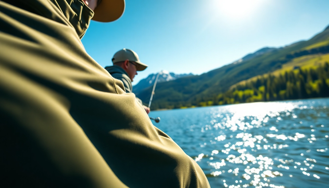 Fly fishing apparel showcased on an angler casting into a tranquil lake amidst a scenic backdrop.