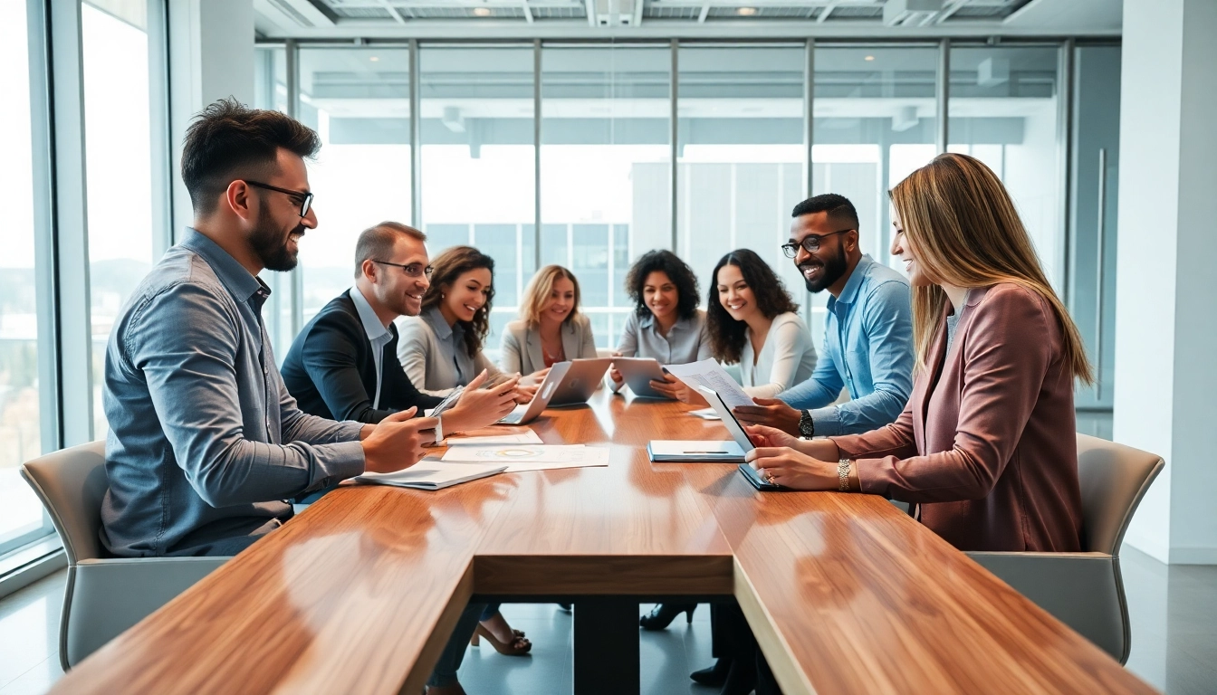Engaged buyers collaborating in a modern office environment with digital devices.
