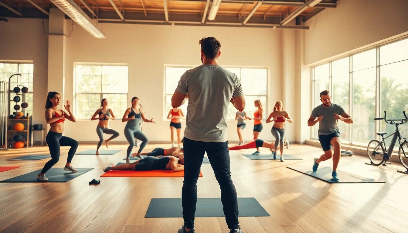 Engaging fitness coach leading exercises to help lose belly fat in a vibrant gym environment.