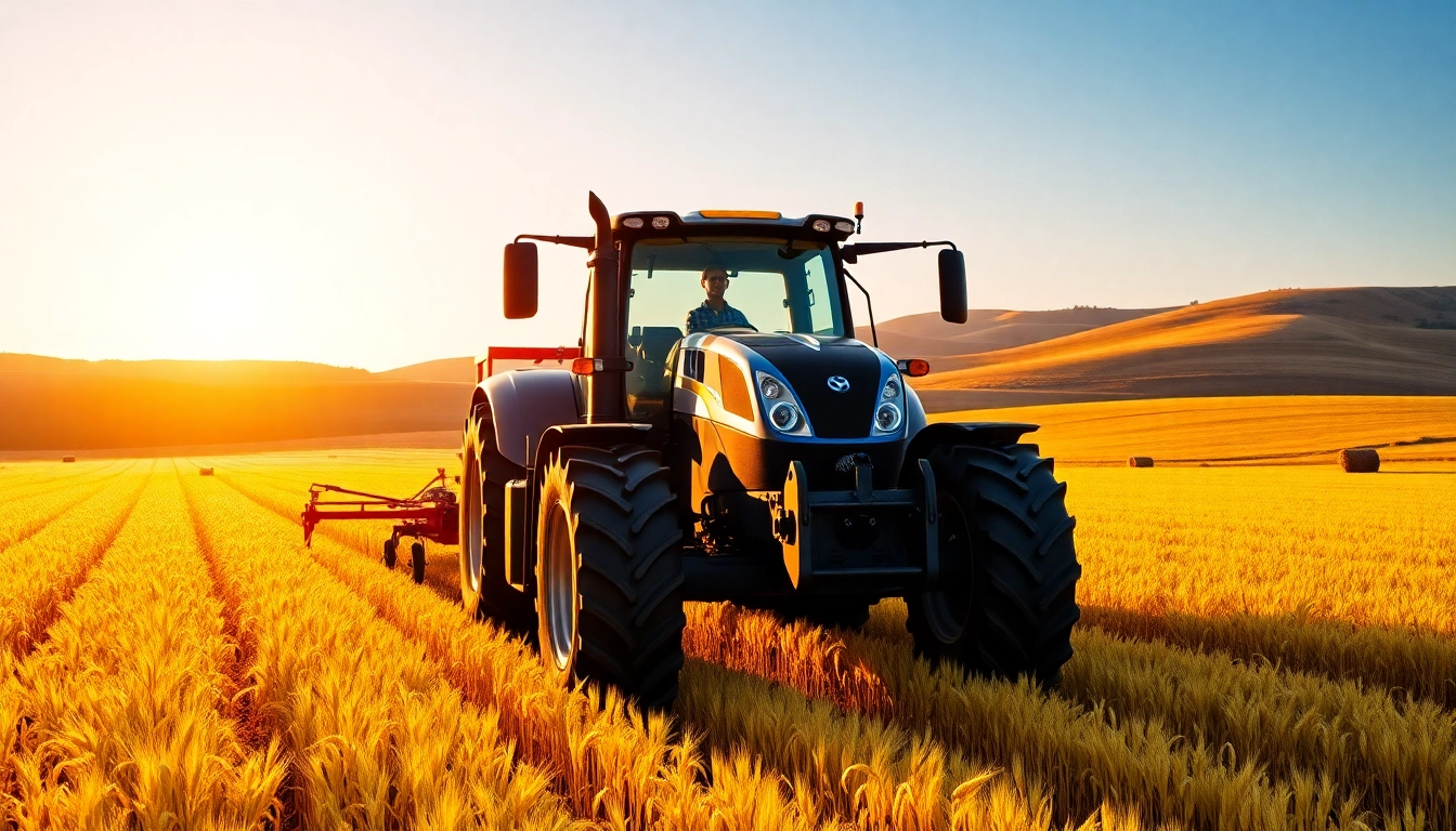 Neueste New Holland Landmaschinen in einem sonnigen, landwirtschaftlichen Umfeld.