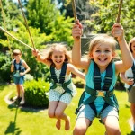 Children enjoying the GARDEN ZIP WIRE KIT in a bright backyard full of greenery.