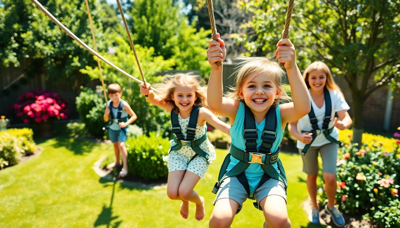 Children enjoying the GARDEN ZIP WIRE KIT in a bright backyard full of greenery.