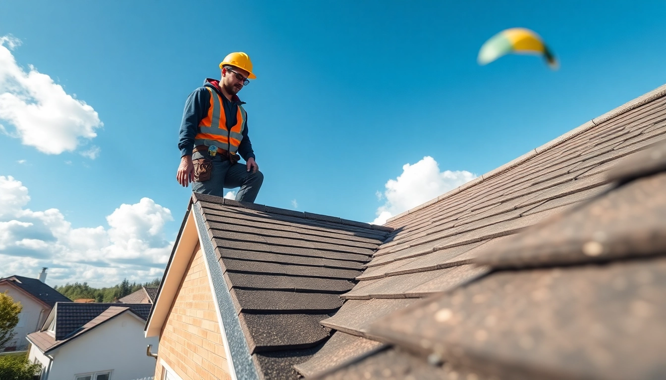 Roofing contractor in Heveadorp assessing shingles on a residential roof.