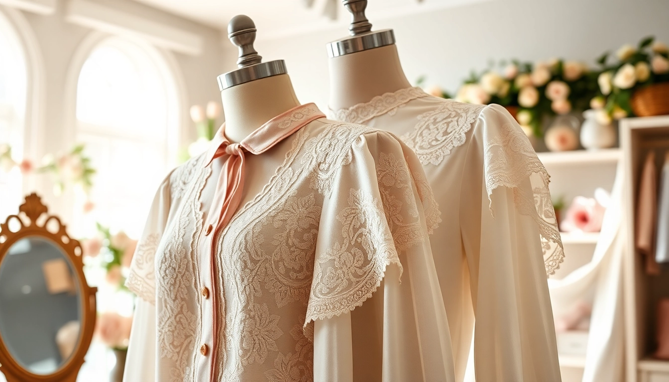 Showcasing elegant blouses in a beautifully styled boutique, emphasizing intricate details and textures.