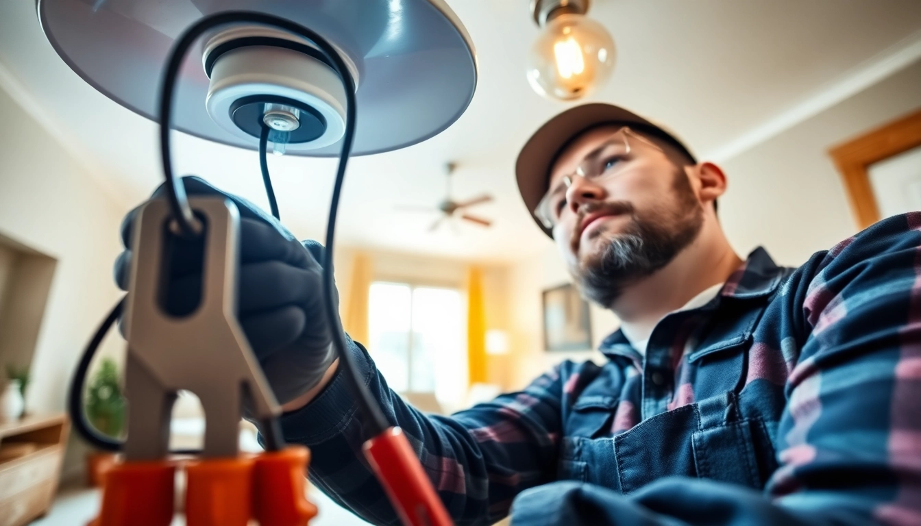 Electrical Contractor installing lighting fixtures in a professional home setting.