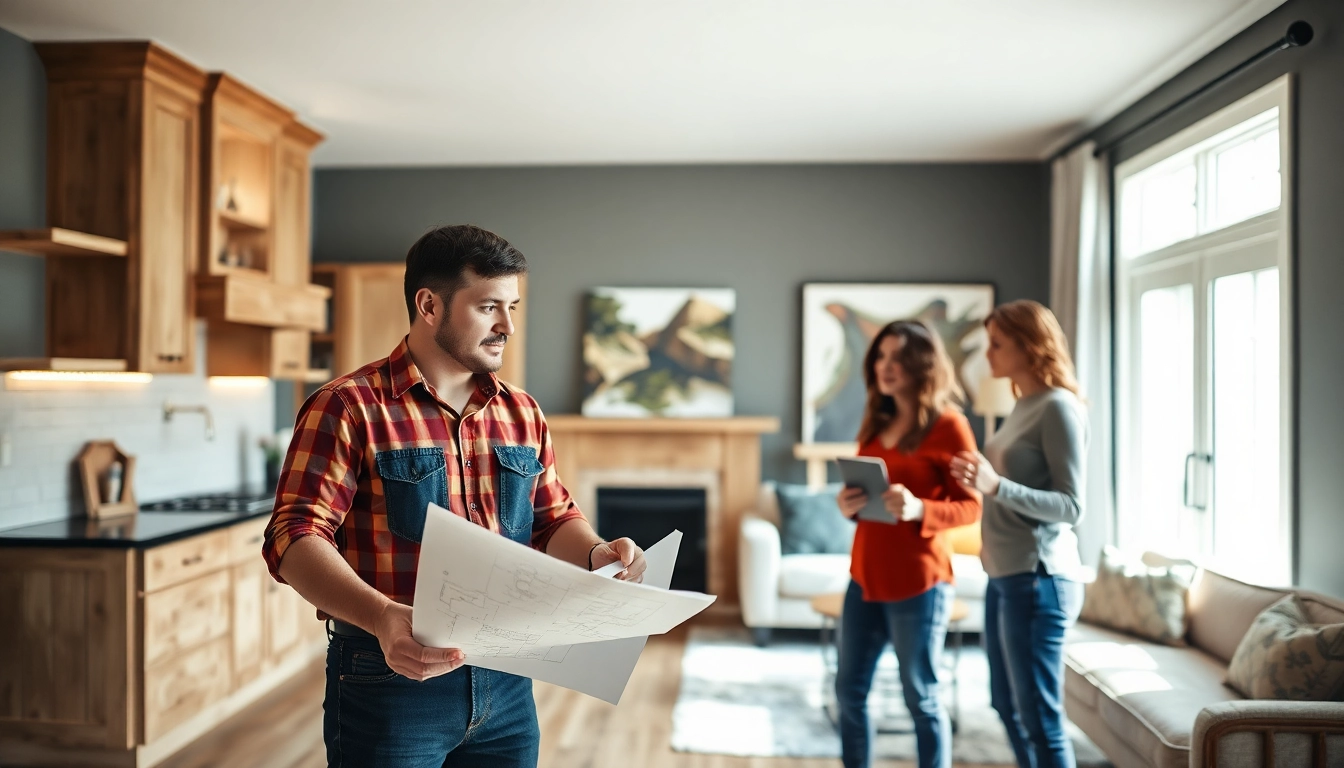 Full home renovation contractor Nashville consulting with clients on kitchen and living room design