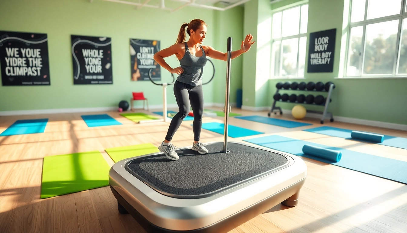 Engaging in whole body vibration therapy on a platform under bright gym lights, showcasing fitness and wellness.