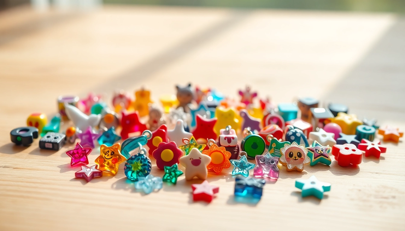 Acrylic charms displayed elegantly on a wooden surface showcasing various colorful designs and textures.
