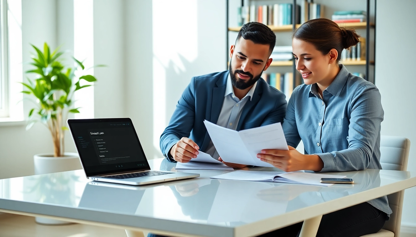 Couple reviewing documents focused on earnest refinance referral options in a bright home office.