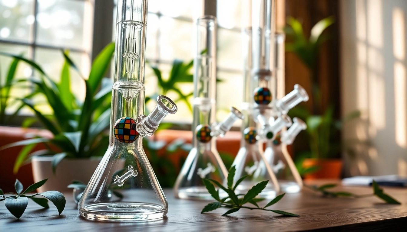 Shop premium bongs with intricate designs displayed in a serene setting.