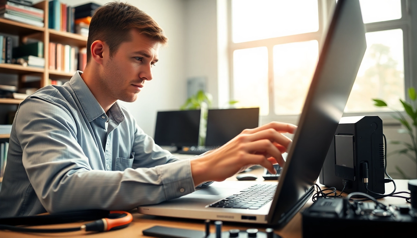 Providing expert computer service through laptop troubleshooting in a bright office.