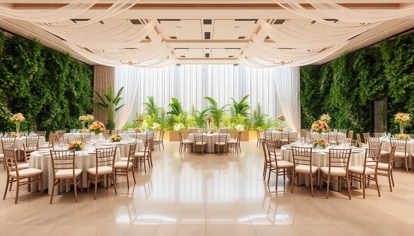 Stylish event space showcasing elegant decorations and ample seating for gatherings.