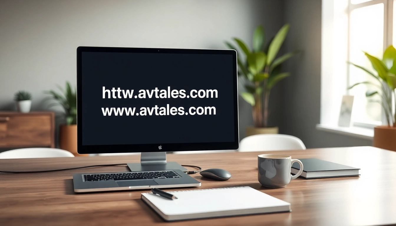 Visit http://Avtales.com on a sleek tech desk, promoting productivity and creativity.