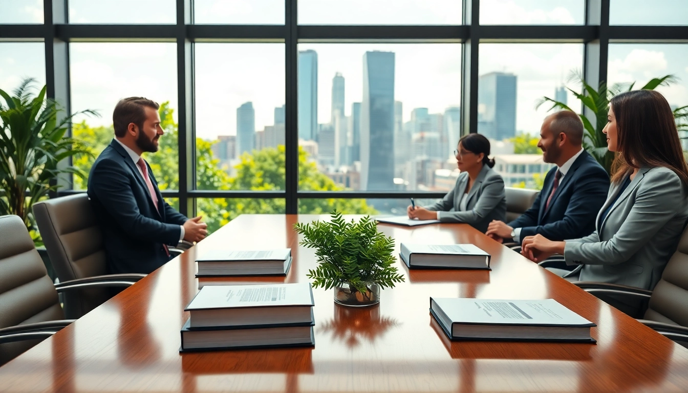 Environmental law firm lawyers collaborating in a bright, modern office setting.