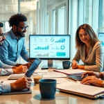 Visualize a competitive intelligence team analyzing data metrics for strategic insights.