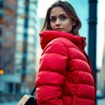 Model showcasing a stylish puffer jacket for women in an urban environment, combining fashion and comfort.