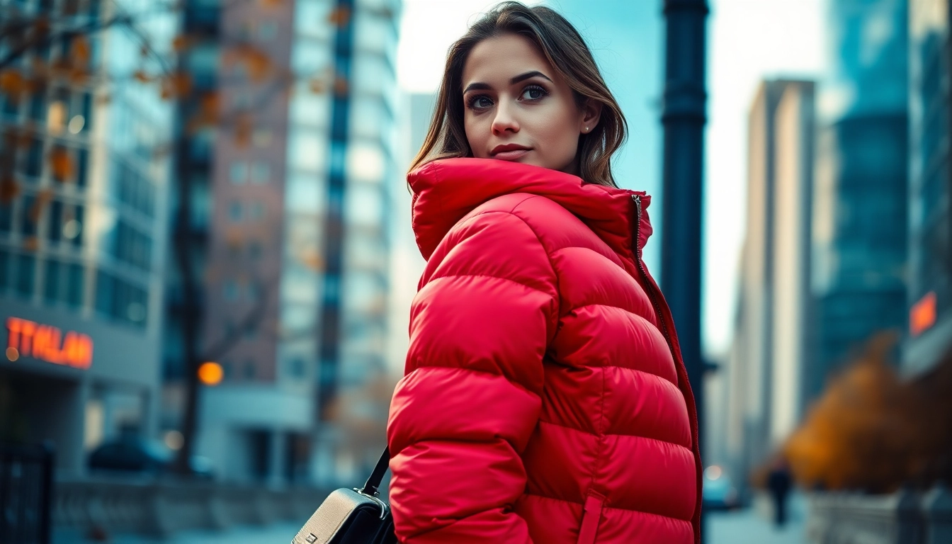 Model showcasing a stylish puffer jacket for women in an urban environment, combining fashion and comfort.