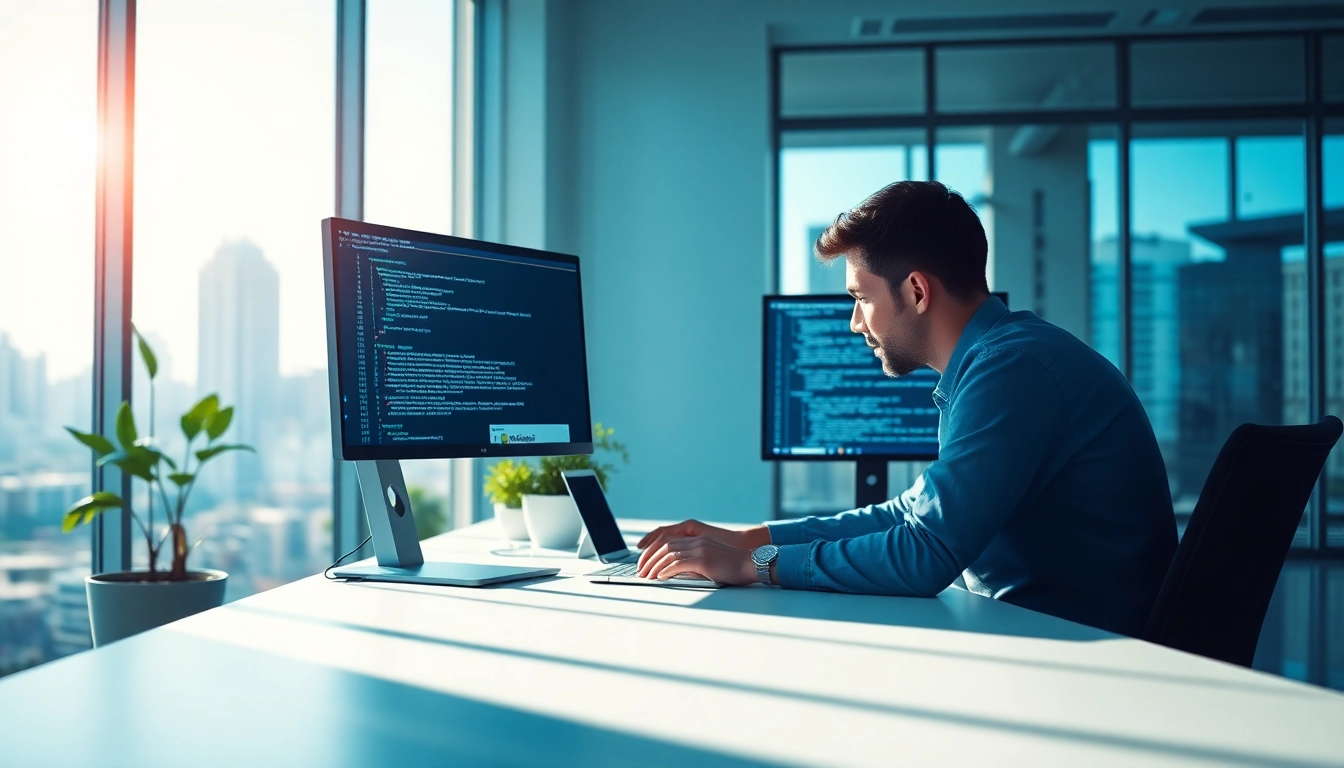 Showcasing web development progress in a dynamic office with coder engaged in website creation.