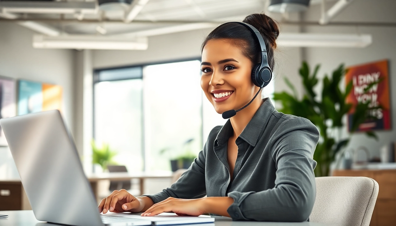 Engaging phone answering calls representative providing customer support in a bright office.