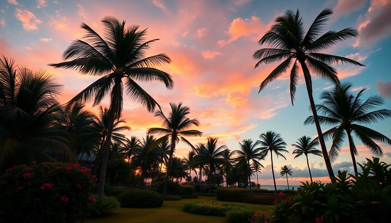 Aruba Colombia muestra un atardecer colorido con palmeras y un ambiente relajante.