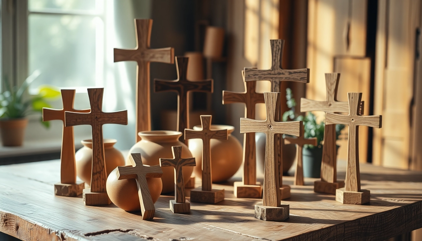 Admire handmade crosses crafted with unique details on a rustic wooden table.