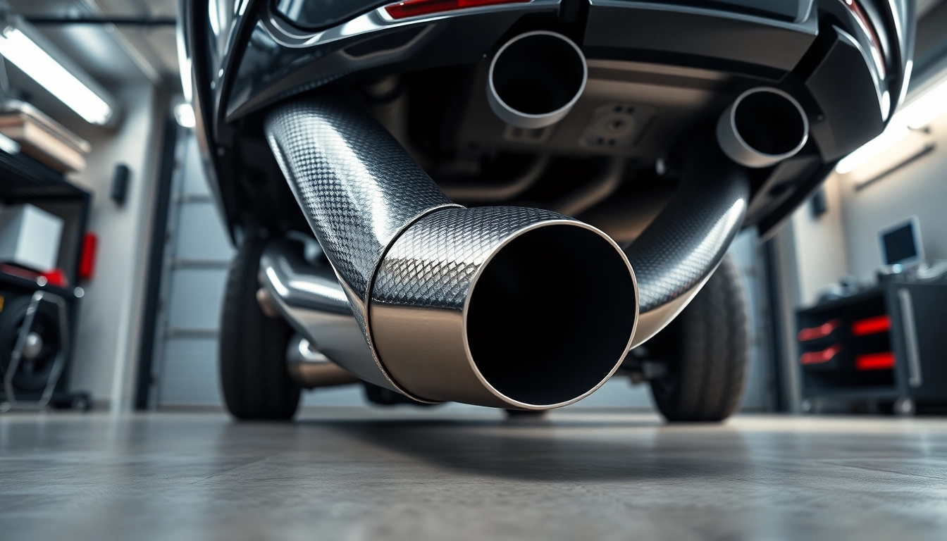 Showcasing BMW F80 downpipes with stunning metallic textures in a bright garage setting.