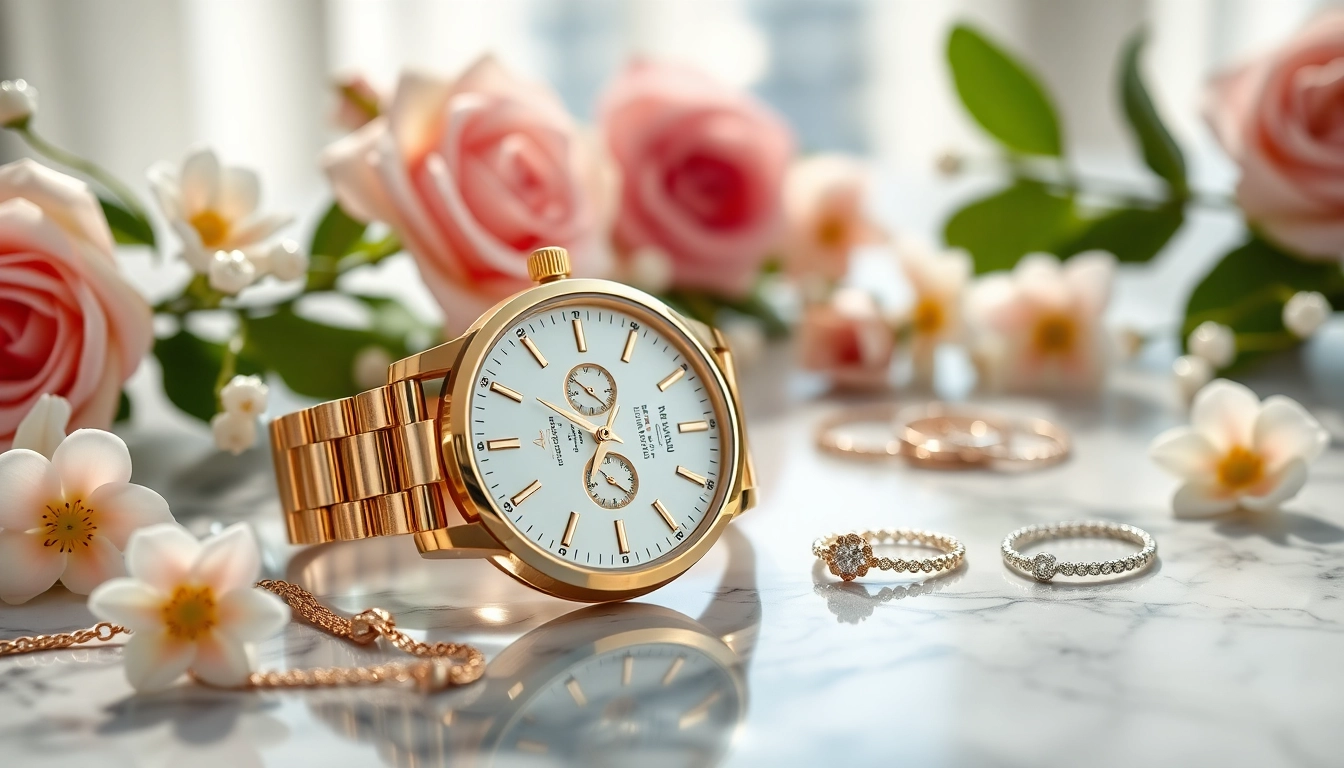 Elegante Damen Armbanduhren auf Marmor präsentiert, umgeben von Blumen und Schmuck.