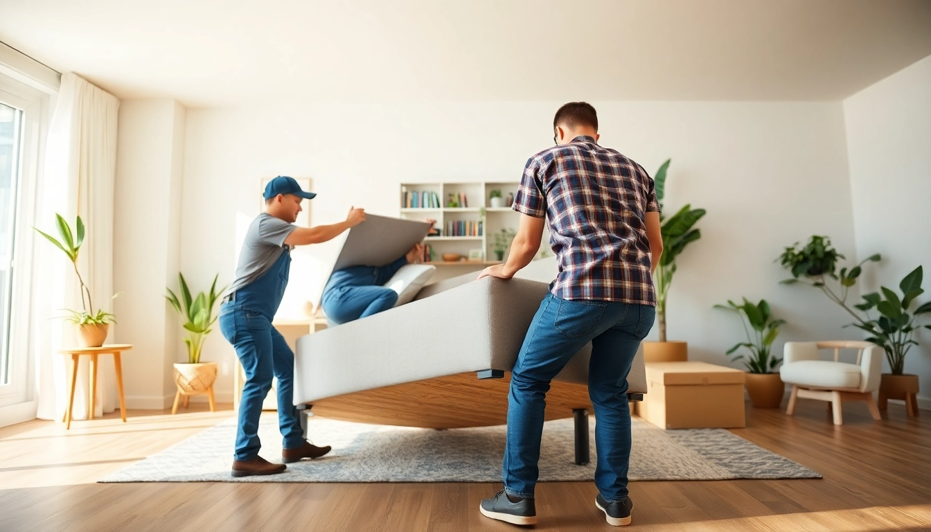 Movers Calgary expertly arranging furniture in a bright modern home, highlighting professionalism.
