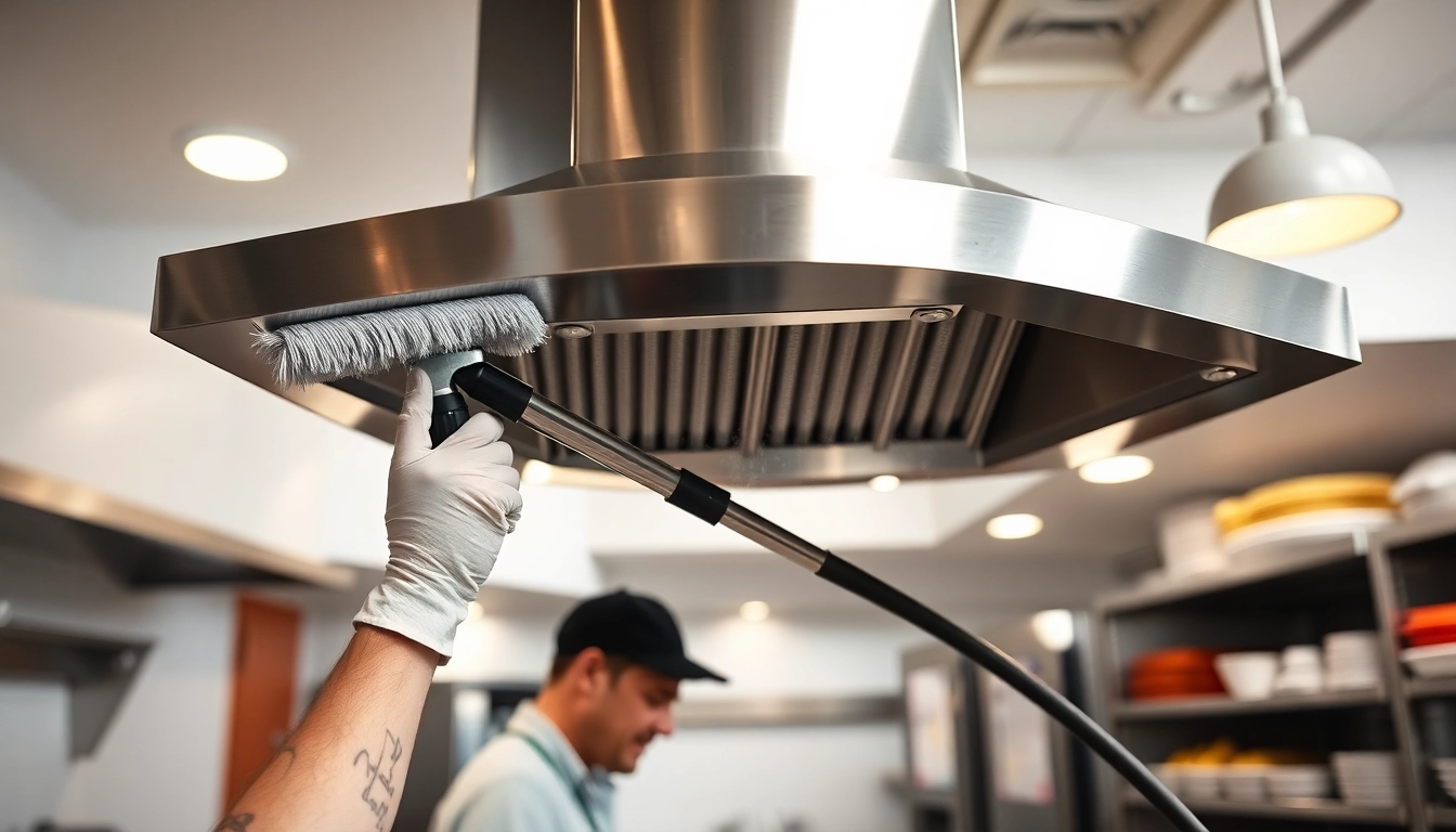 Technician performing Exhaust Hood Cleaning service in a busy commercial kitchen.