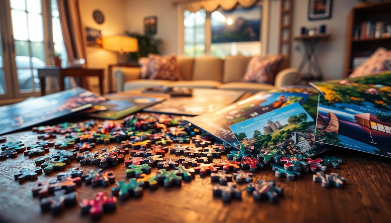 Engage with puzzles near me on a rustic table, showcasing colorful pieces and a cozy atmosphere.